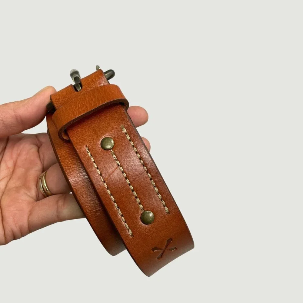 Men's 44 Leather Jean Belt Wood Brown Stylish Double Stitching i1780